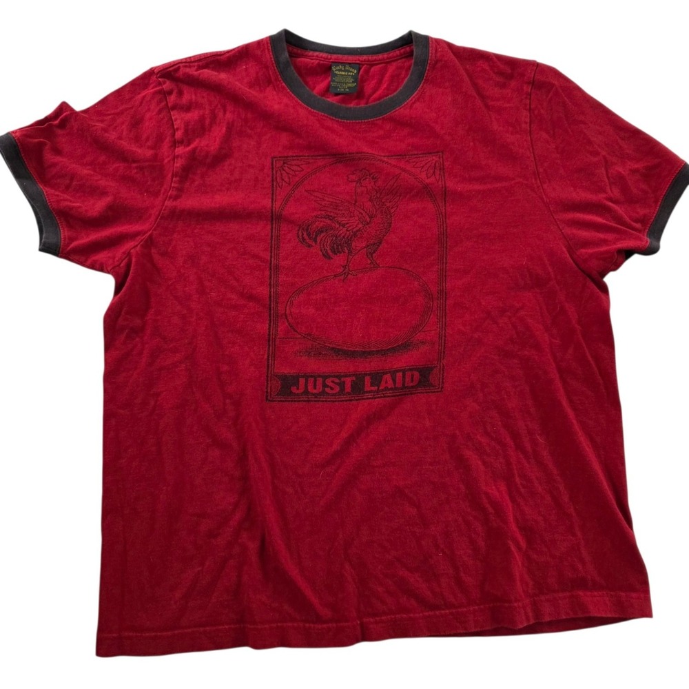 Lucky Brand Vintage Style Red Ringer Graphic T-Shirt Rooster Just Laid XL